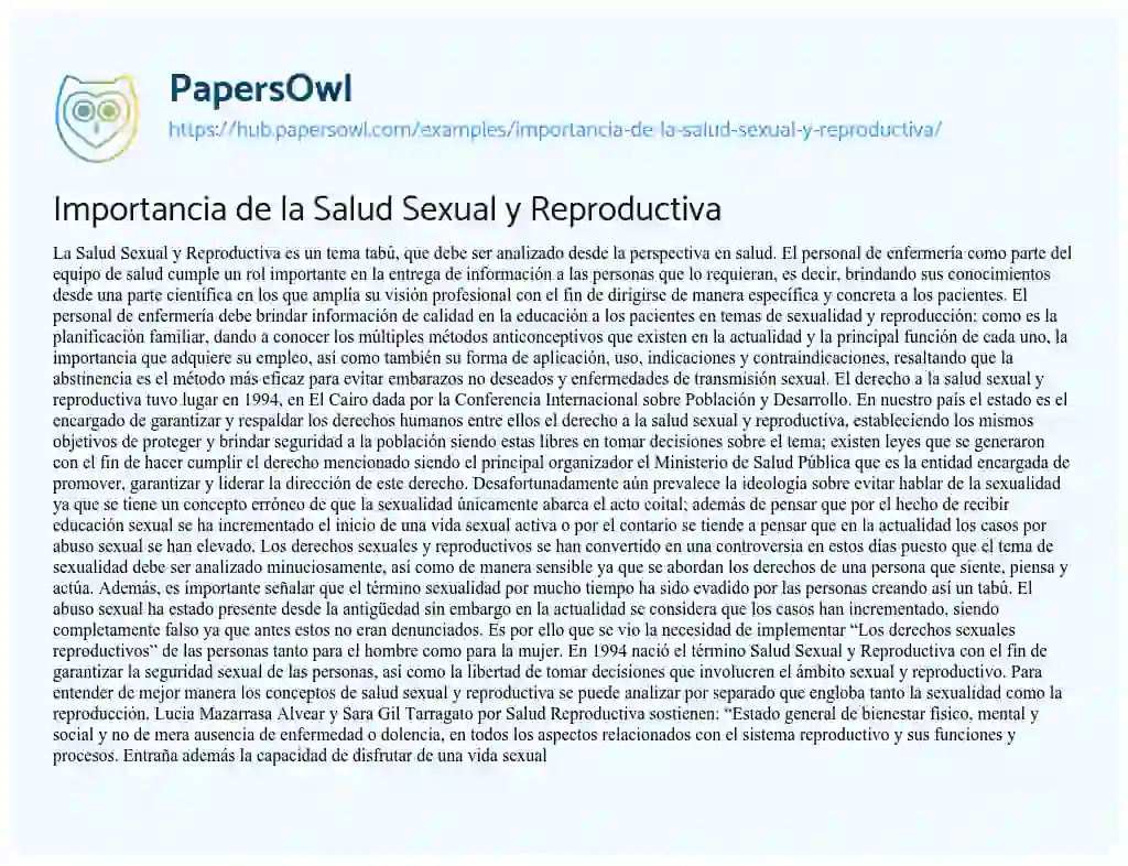 Essay on Importancia de la Salud Sexual y Reproductiva