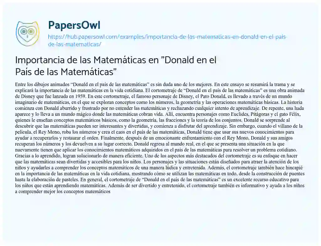 Essay on Importancia de las Matemáticas en “Donald en el País de las Matemáticas”