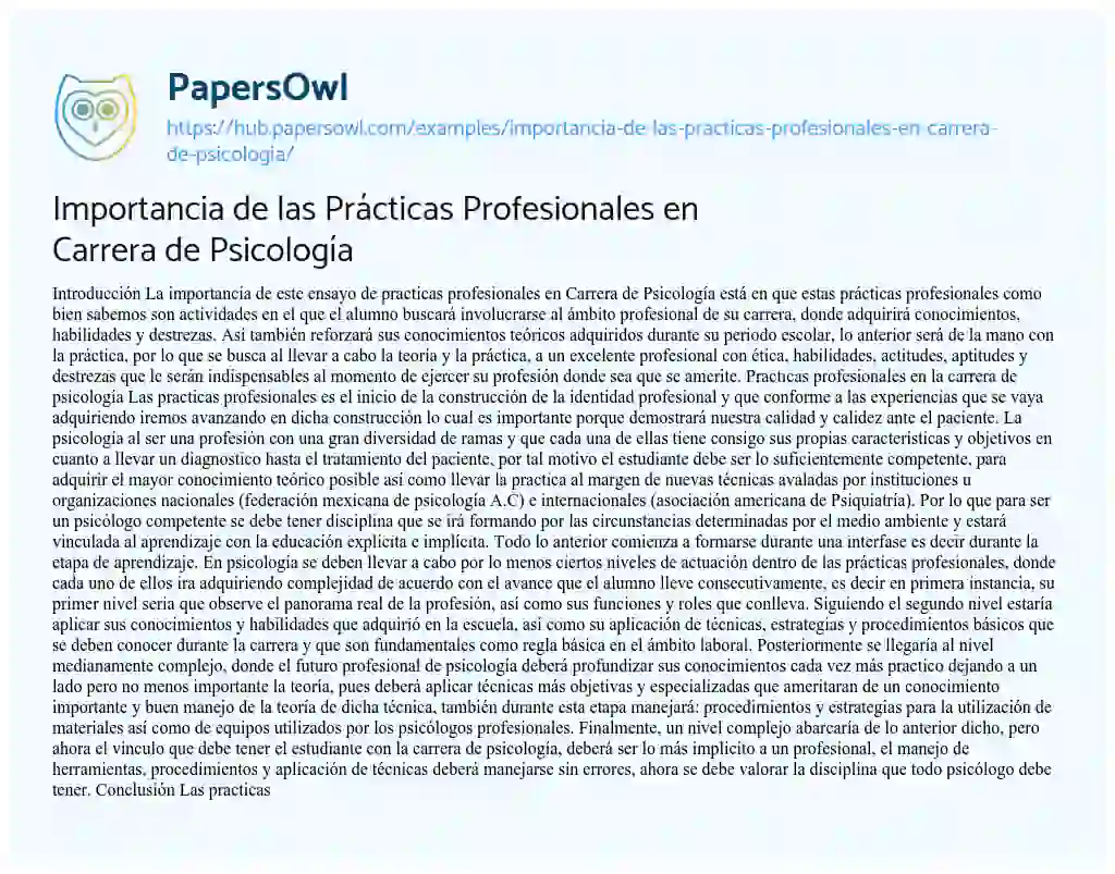 Essay on Importancia de las Prácticas Profesionales en Carrera de Psicología