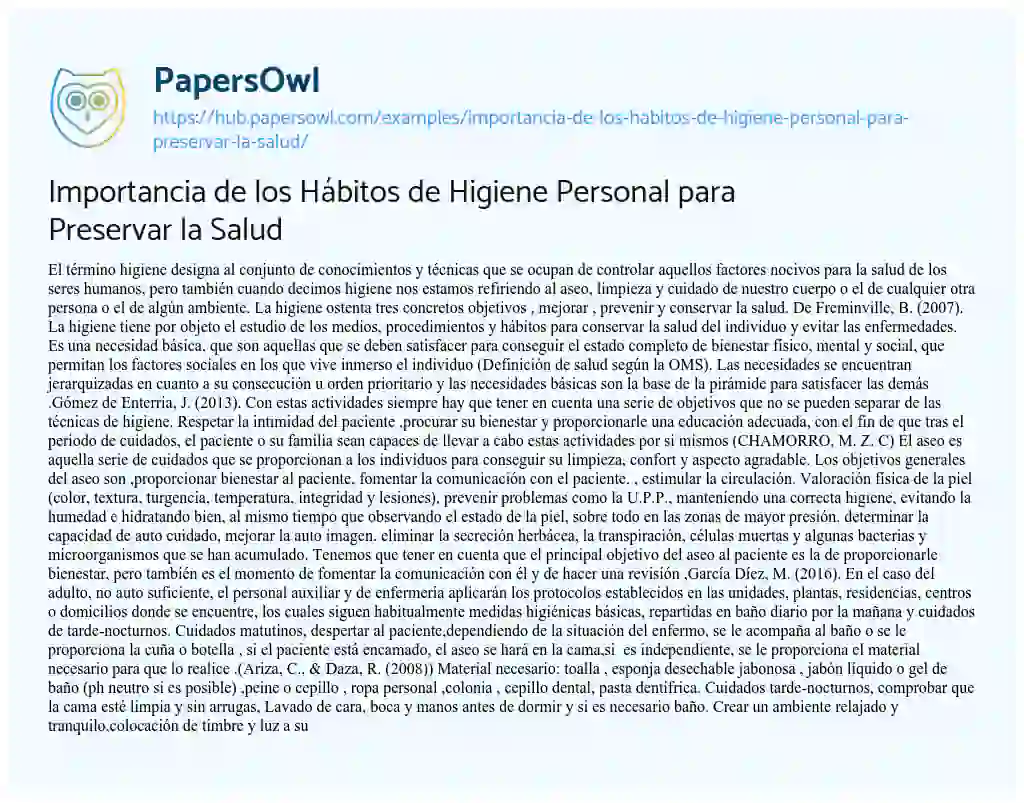 Essay on Importancia de los Hábitos de Higiene Personal para Preservar la Salud