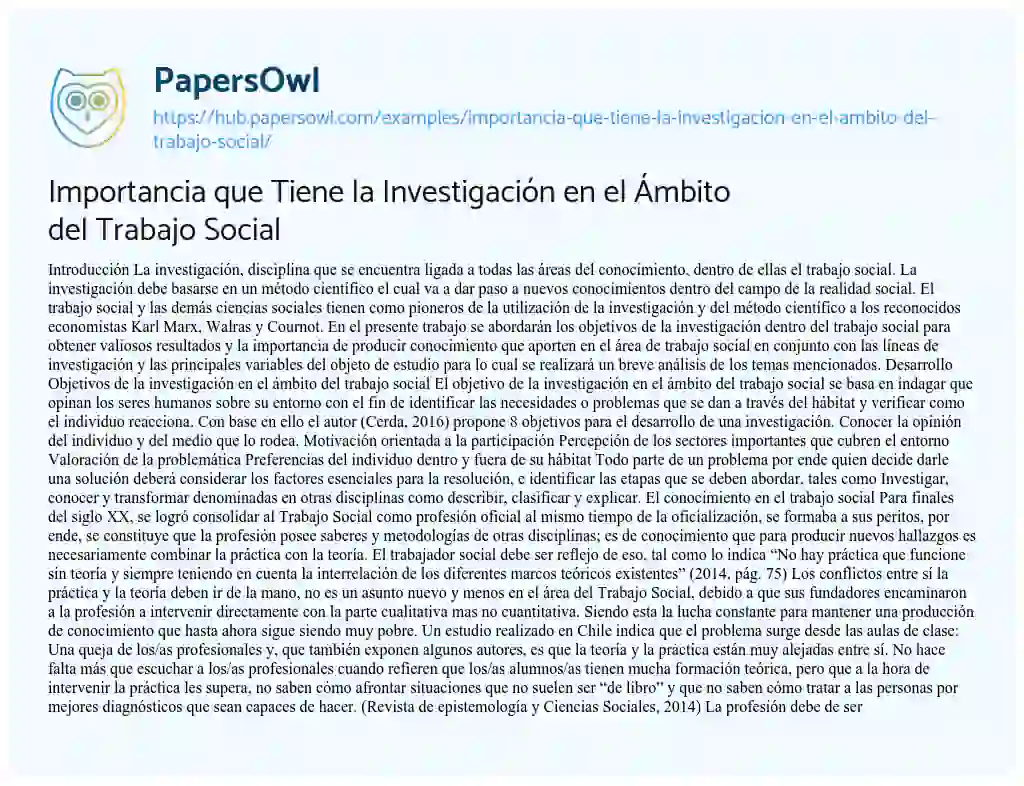 Essay on Importancia que Tiene la Investigación en el Ámbito del Trabajo Social