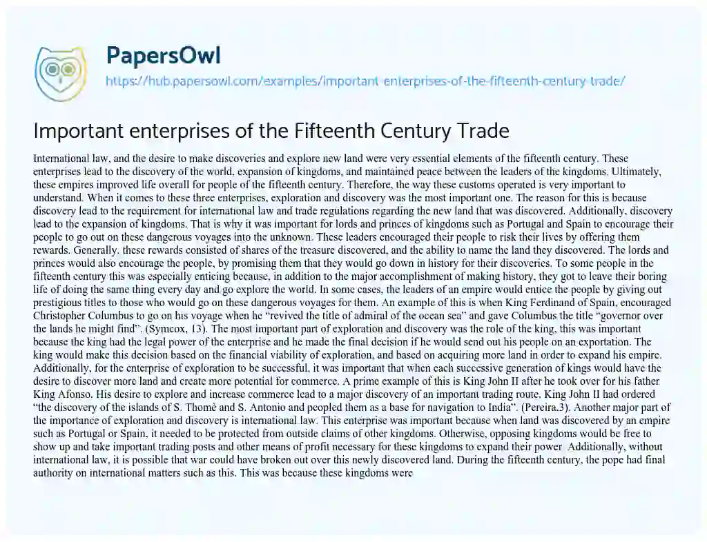 Essay on Important enterprises of the Fifteenth Century Trade
