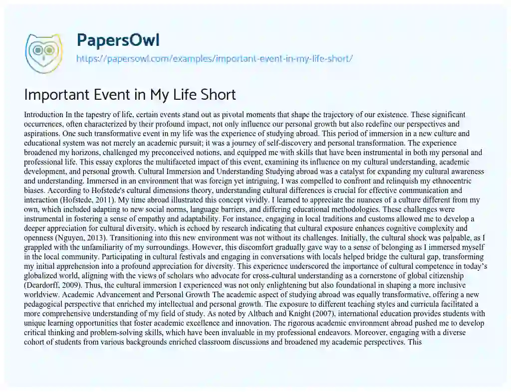 Essay on Important Event in My Life Short