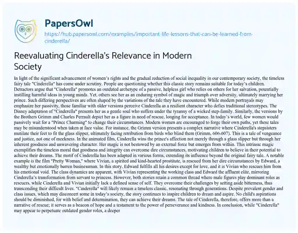 Essay on Reevaluating Cinderella’s Relevance in Modern Society
