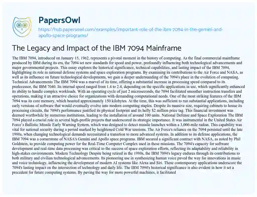 Essay on The Legacy and Impact of the IBM 7094 Mainframe