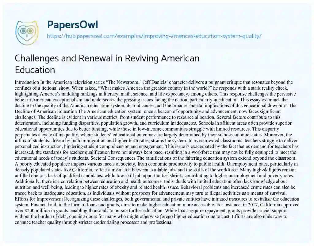 Essay on Challenges and Renewal in Reviving American Education