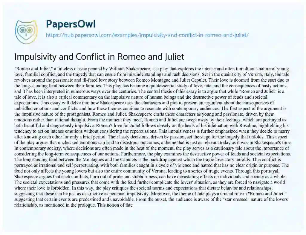 Essay on Impulsivity and Conflict in Romeo and Juliet