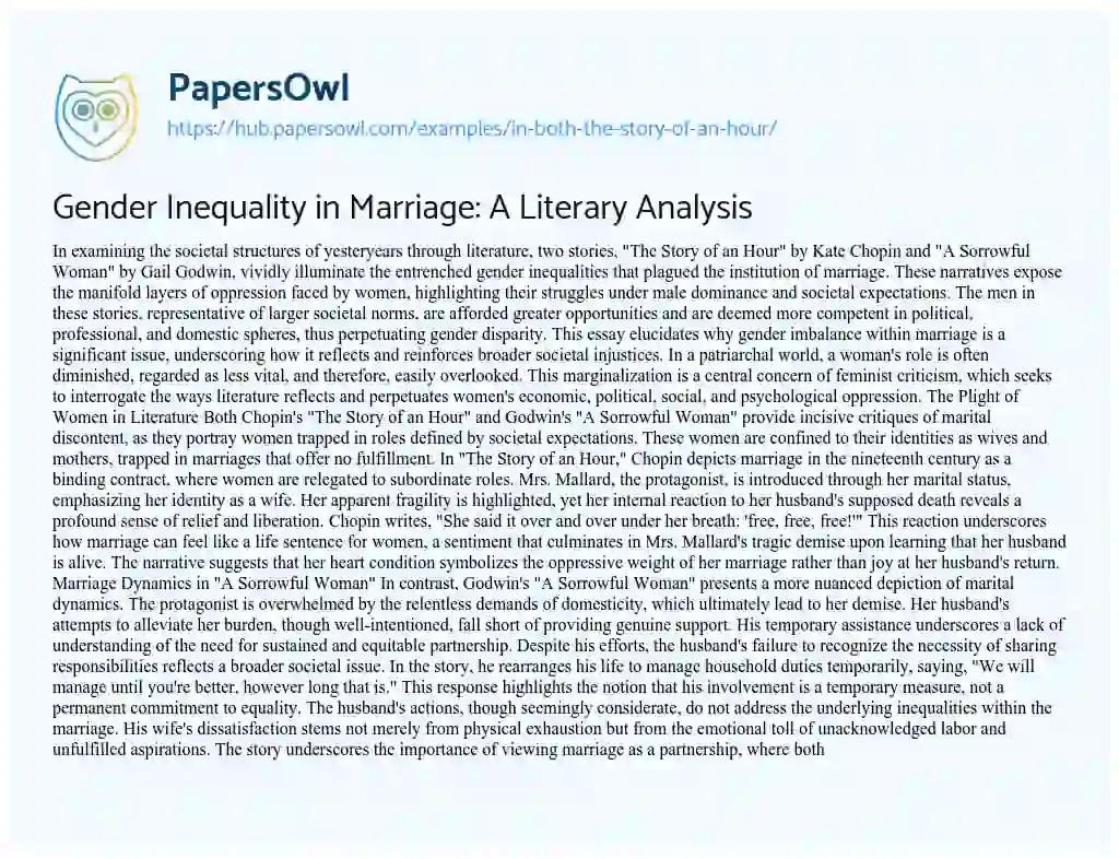 Essay on Gender Inequality in Marriage: A Literary Analysis