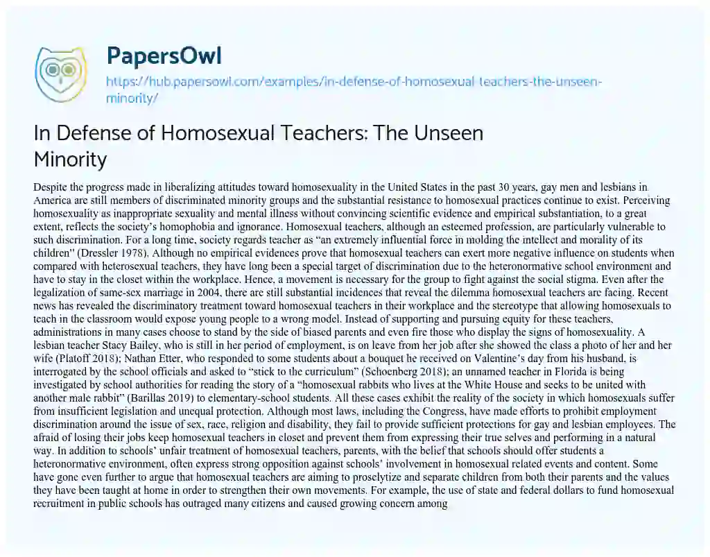 Essay on In Defense of Homosexual Teachers: The Unseen Minority