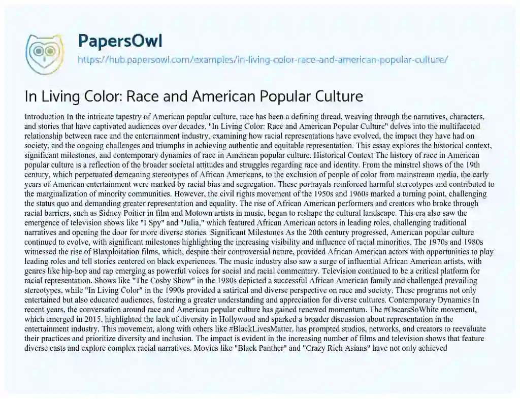 Essay on In Living Color: Race and American Popular Culture