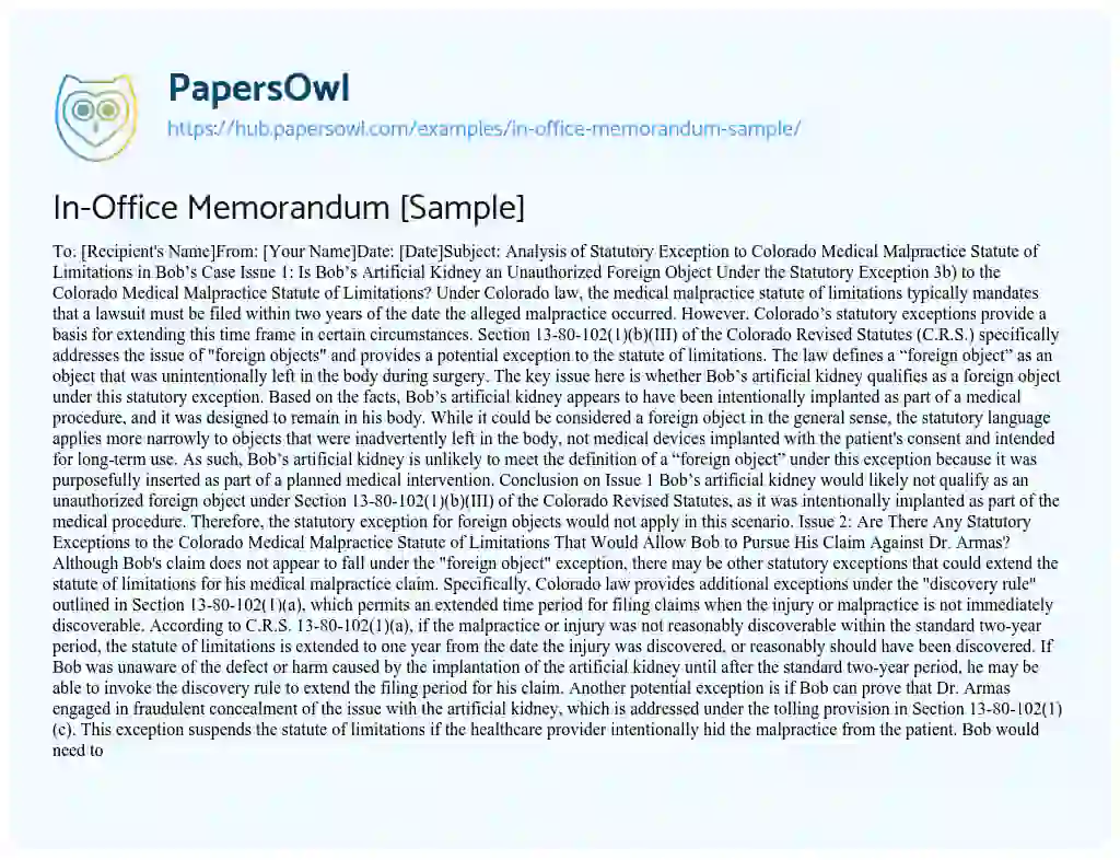 Essay on In-Office Memorandum [Sample]