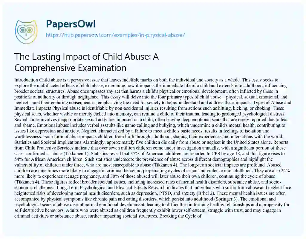 Essay on The Lasting Impact of Child Abuse: A Comprehensive Examination