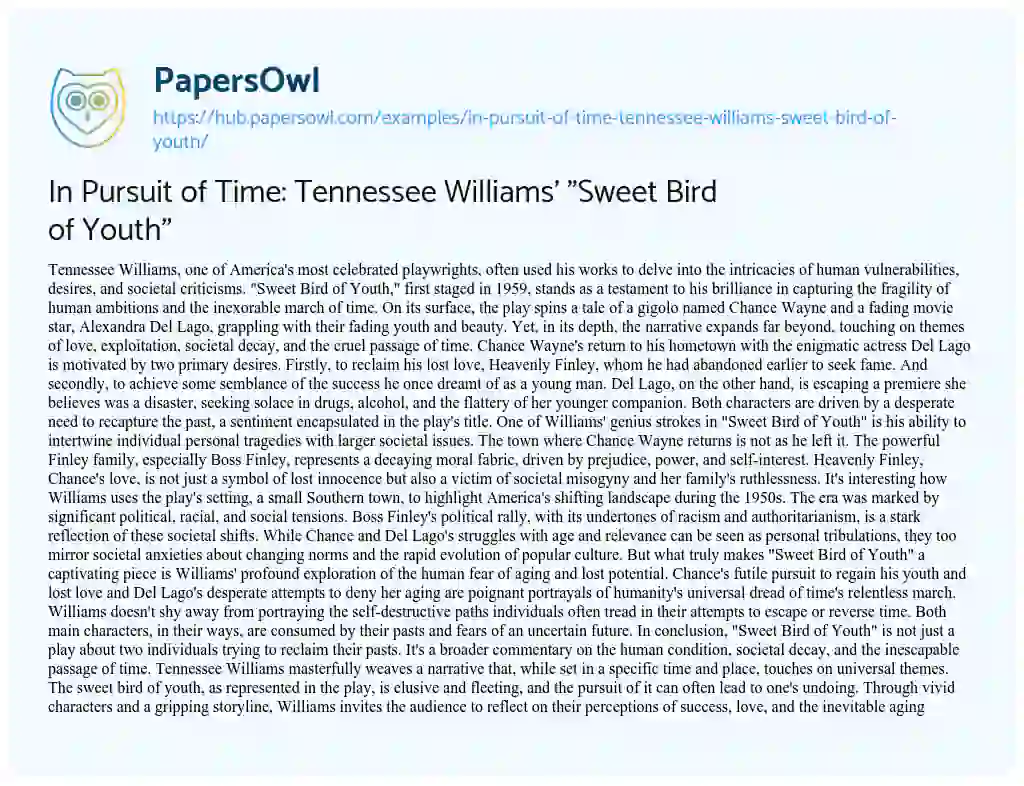 Essay on In Pursuit of Time: Tennessee Williams’ “Sweet Bird of Youth”