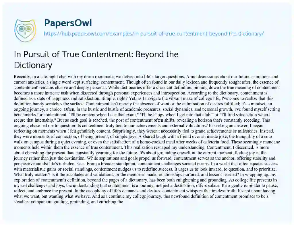 Essay on In Pursuit of True Contentment: Beyond the Dictionary