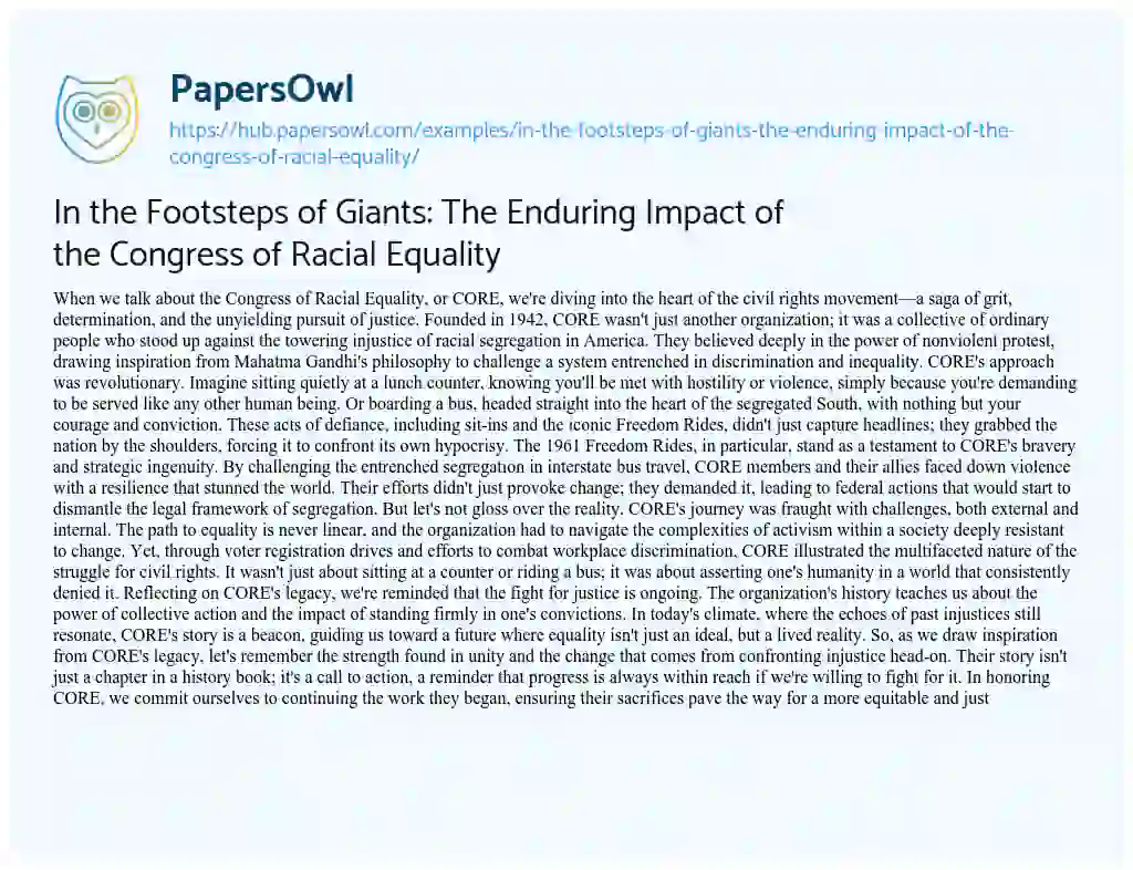 Essay on In the Footsteps of Giants: The Enduring Impact of the Congress of Racial Equality