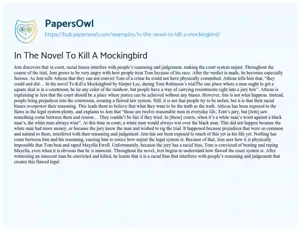Essay on In The Novel To Kill A Mockingbird