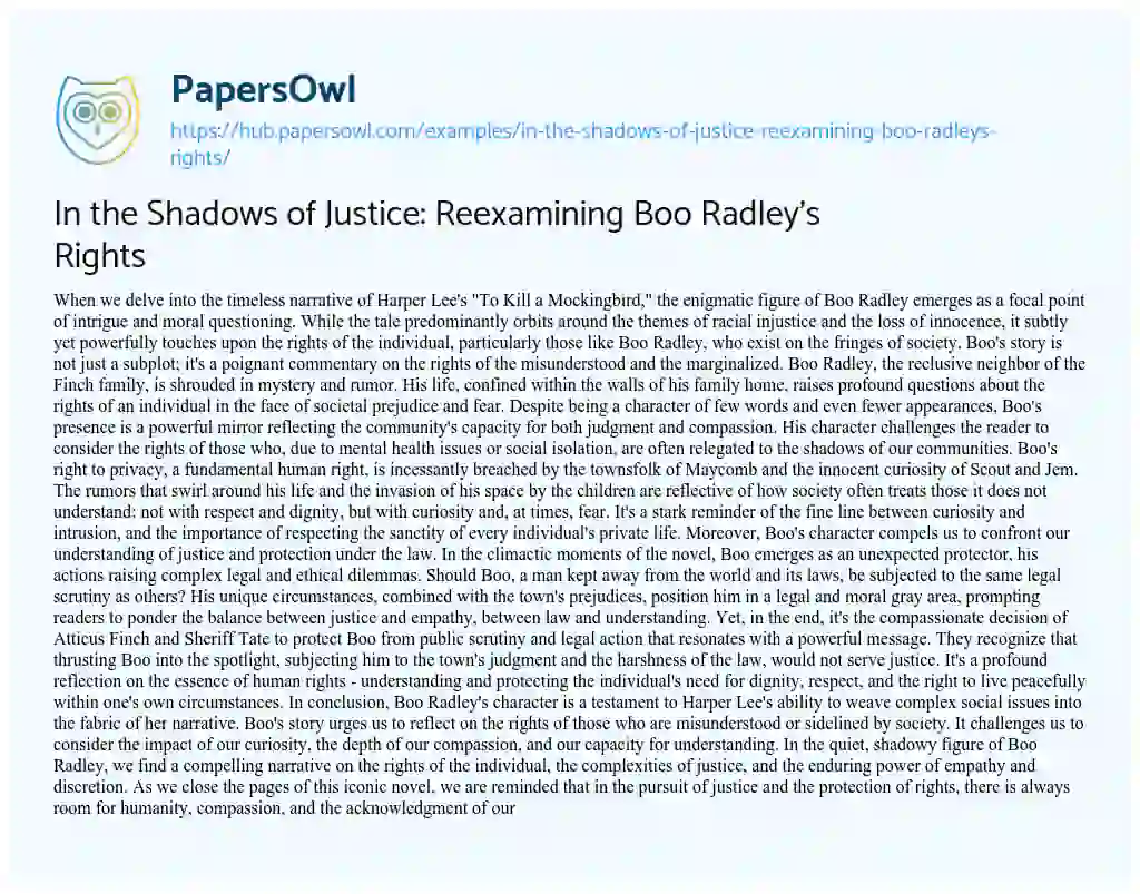 Essay on In the Shadows of Justice: Reexamining Boo Radley’s Rights