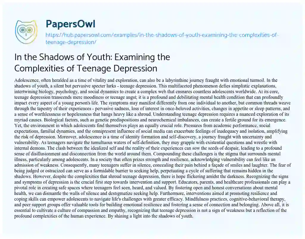 Essay on In the Shadows of Youth: Examining the Complexities of Teenage Depression