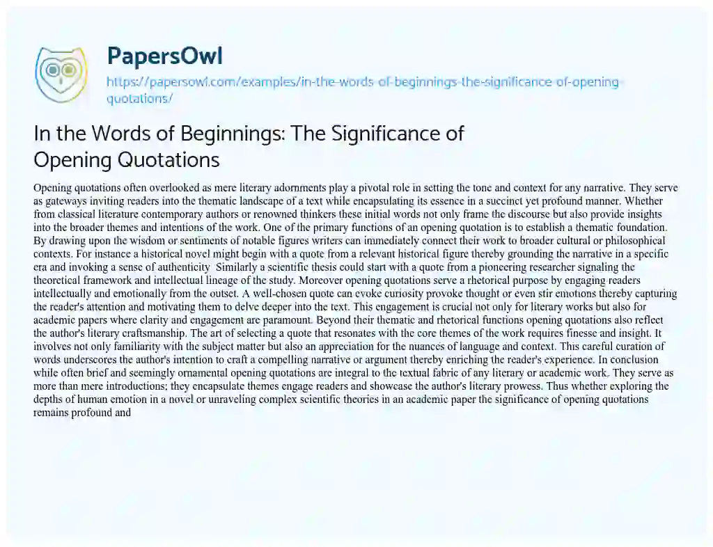 Essay on In the Words of Beginnings: The Significance of Opening Quotations