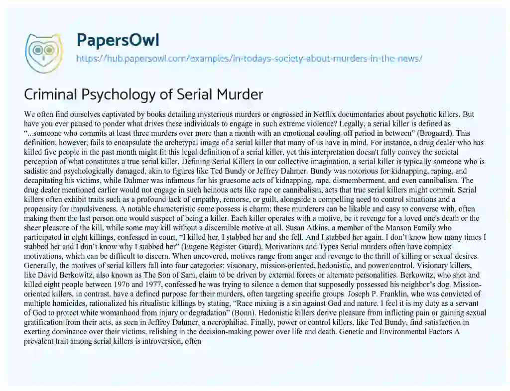Essay on Criminal Psychology of Serial Murder