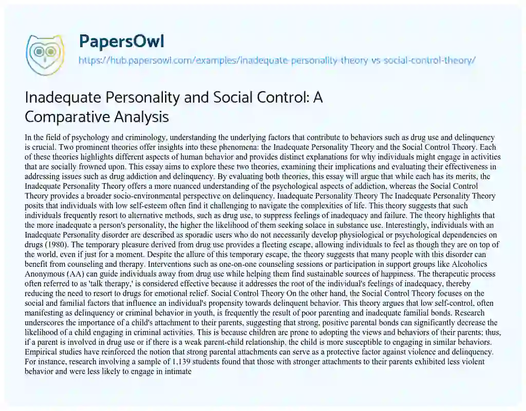 Essay on Inadequate Personality and Social Control: A Comparative Analysis