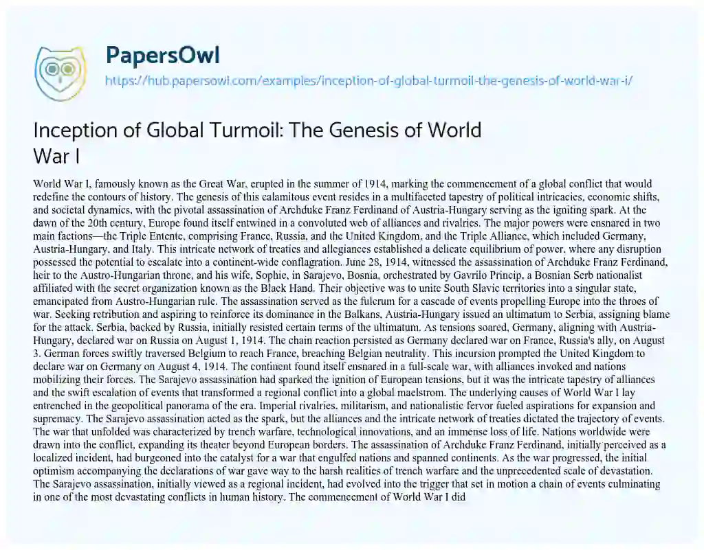 Essay on Inception of Global Turmoil: The Genesis of World War I