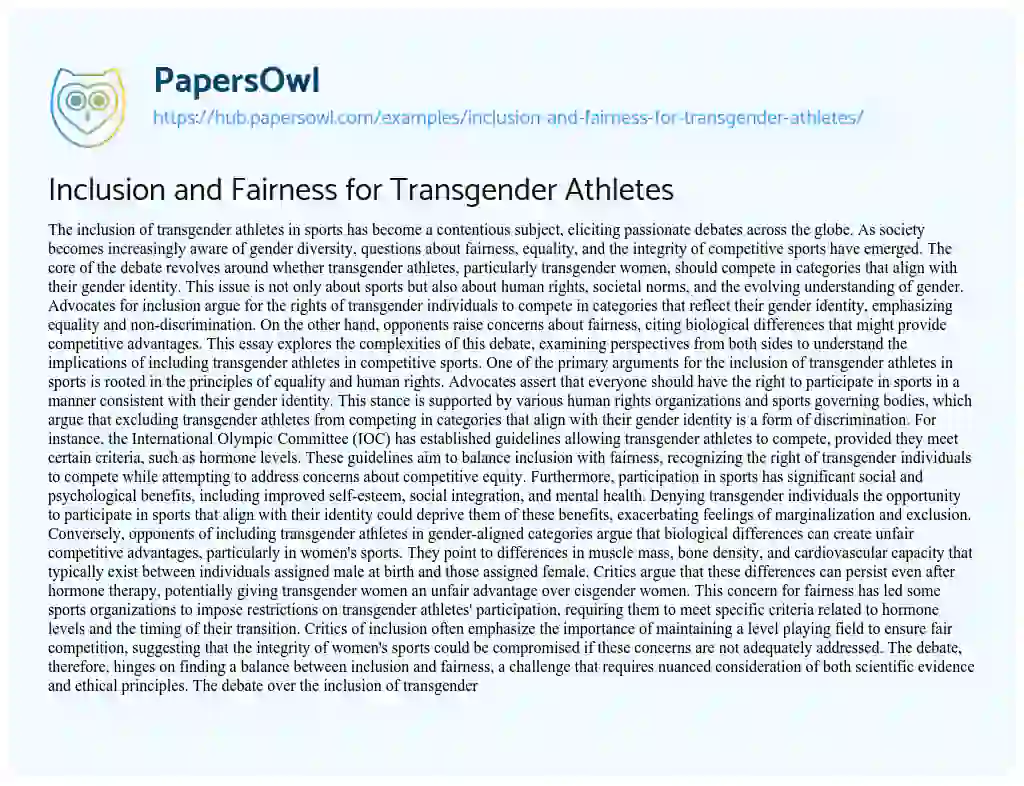 Essay on Inclusion and Fairness for Transgender Athletes