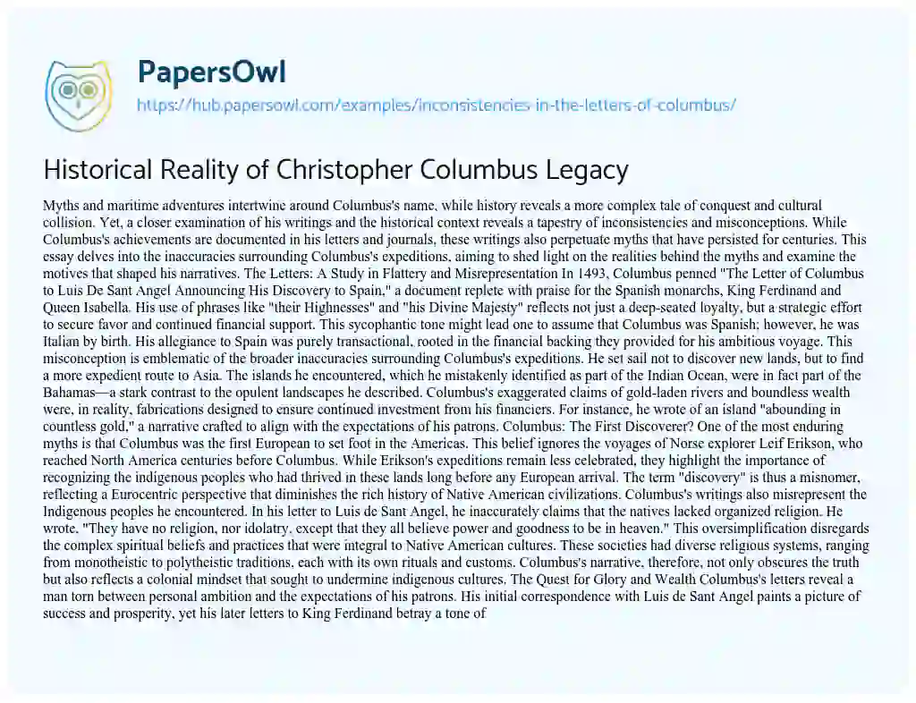 Essay on Historical Reality of Christopher Columbus Legacy
