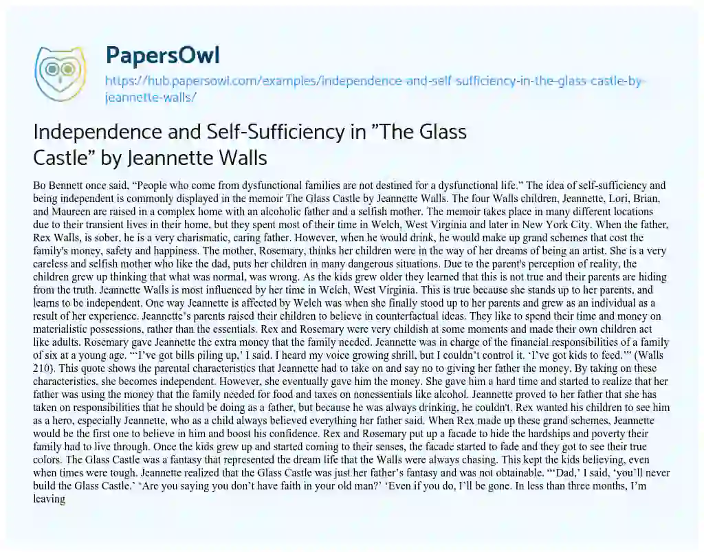 Essay on Independence and Self-Sufficiency in “The Glass Castle” by Jeannette Walls