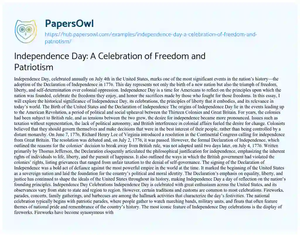 Essay on Independence Day: A Celebration of Freedom and Patriotism