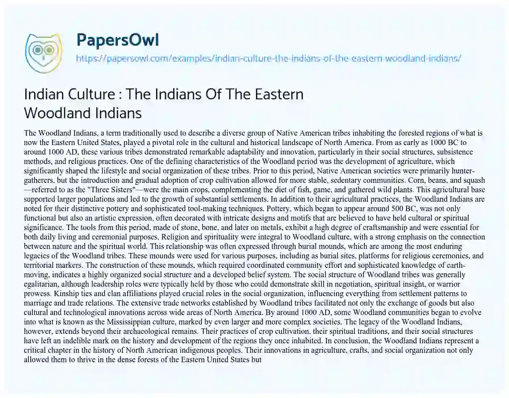 Essay on Indian Culture : The Indians Of The Eastern Woodland Indians