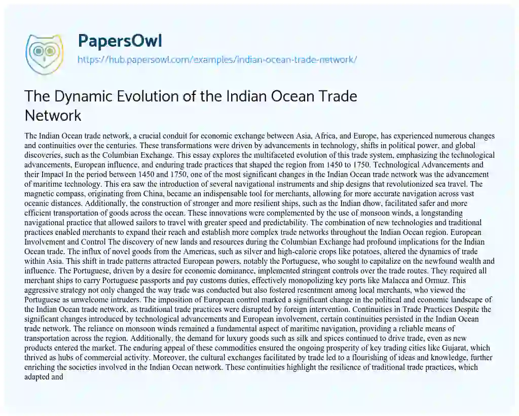 Essay on The Dynamic Evolution of the Indian Ocean Trade Network
