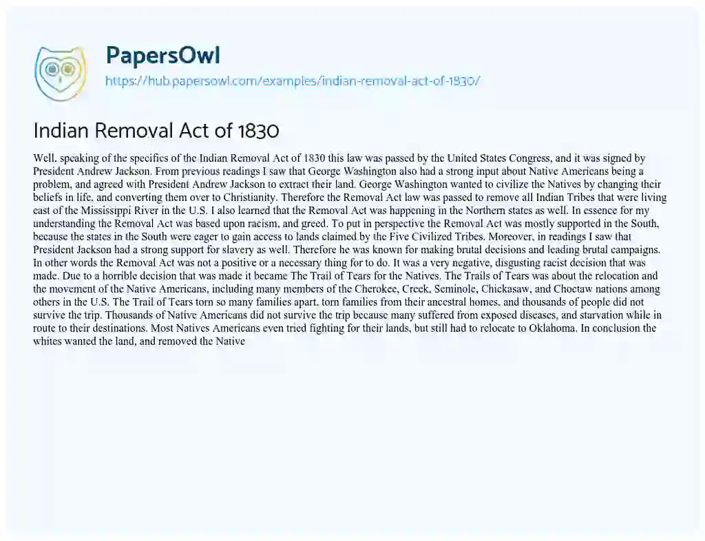 Essay on Indian Removal Act of 1830