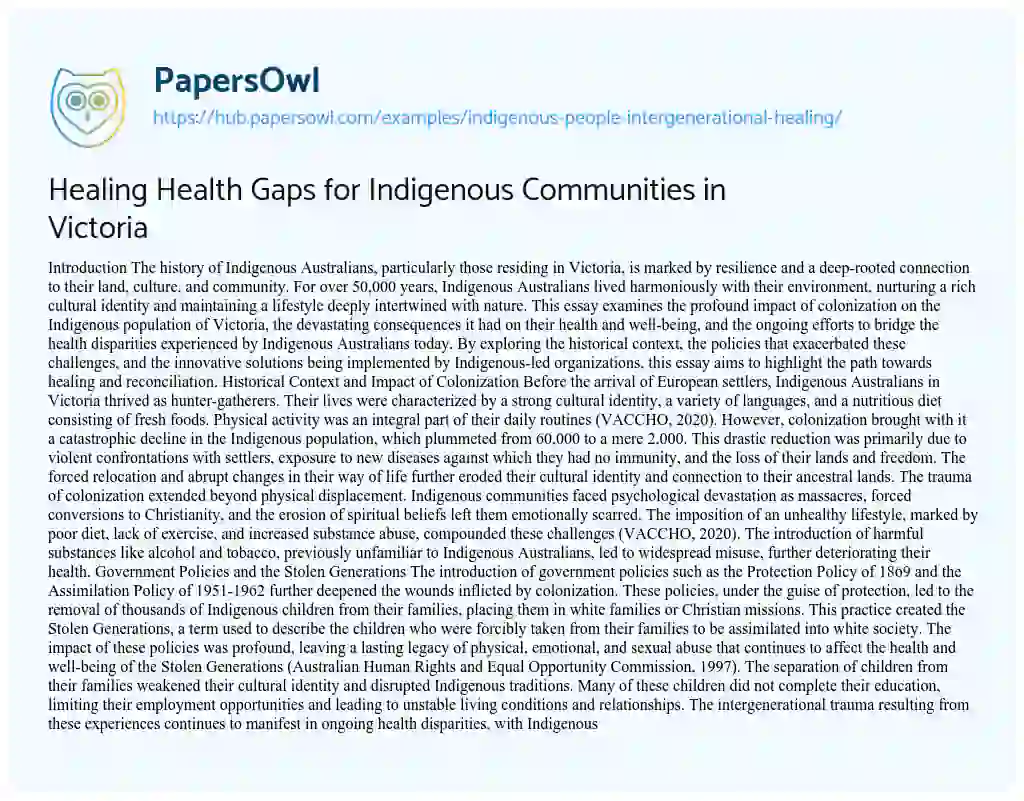 Essay on Healing Health Gaps for Indigenous Communities in Victoria