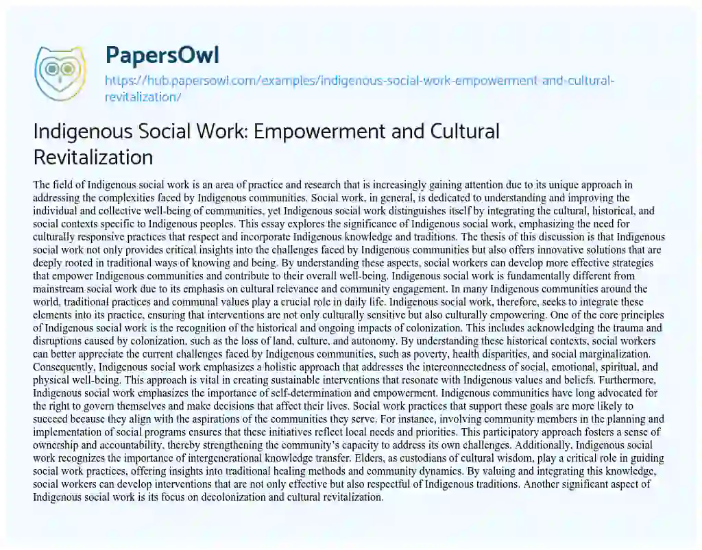 Essay on Indigenous Social Work: Empowerment and Cultural Revitalization