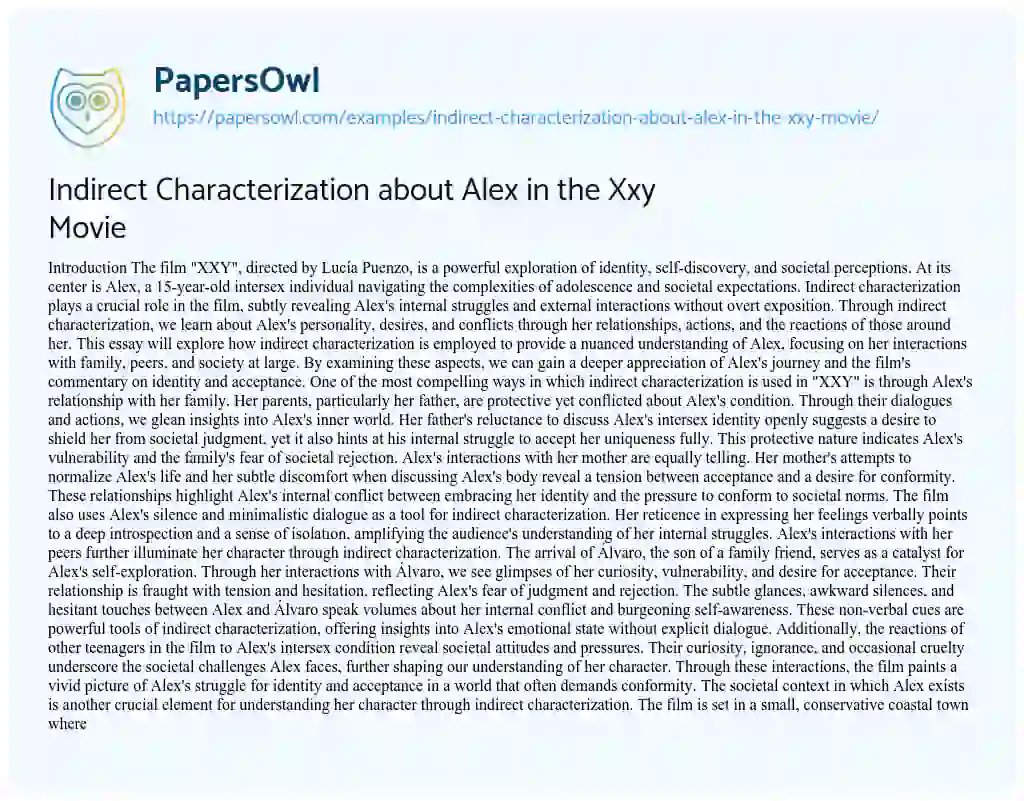 Essay on Indirect Characterization about Alex in the Xxy Movie