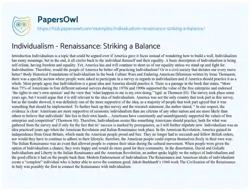 Essay on Individualism – Renaissance: Striking a Balance