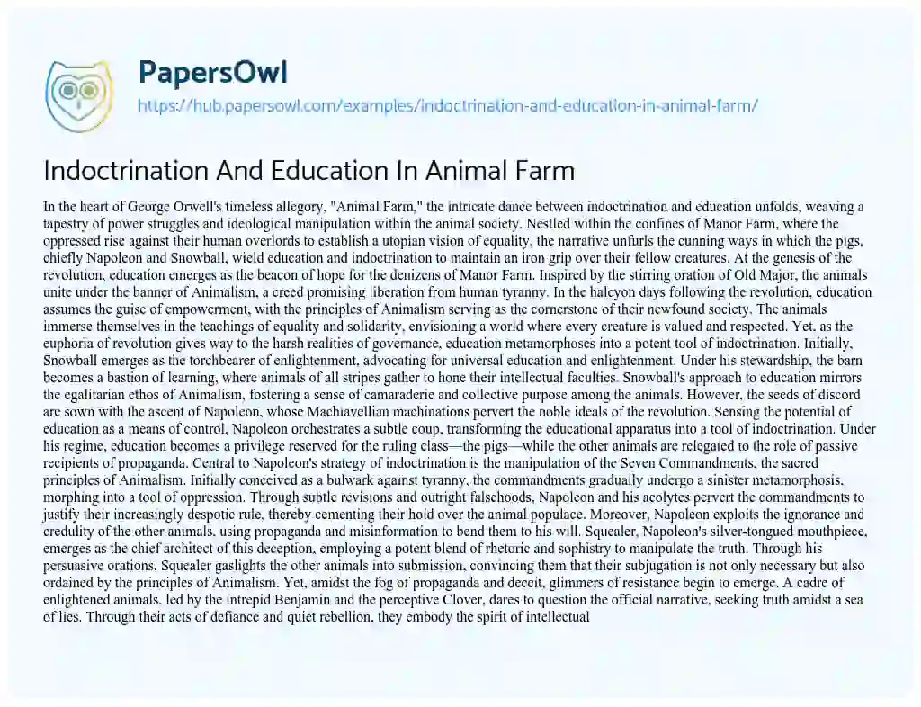 Essay on Indoctrination And Education In Animal Farm