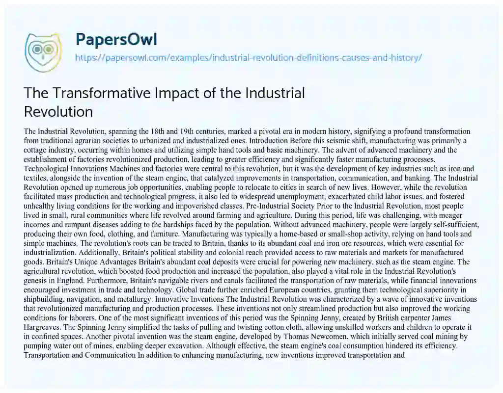Essay on The Transformative Impact of the Industrial Revolution