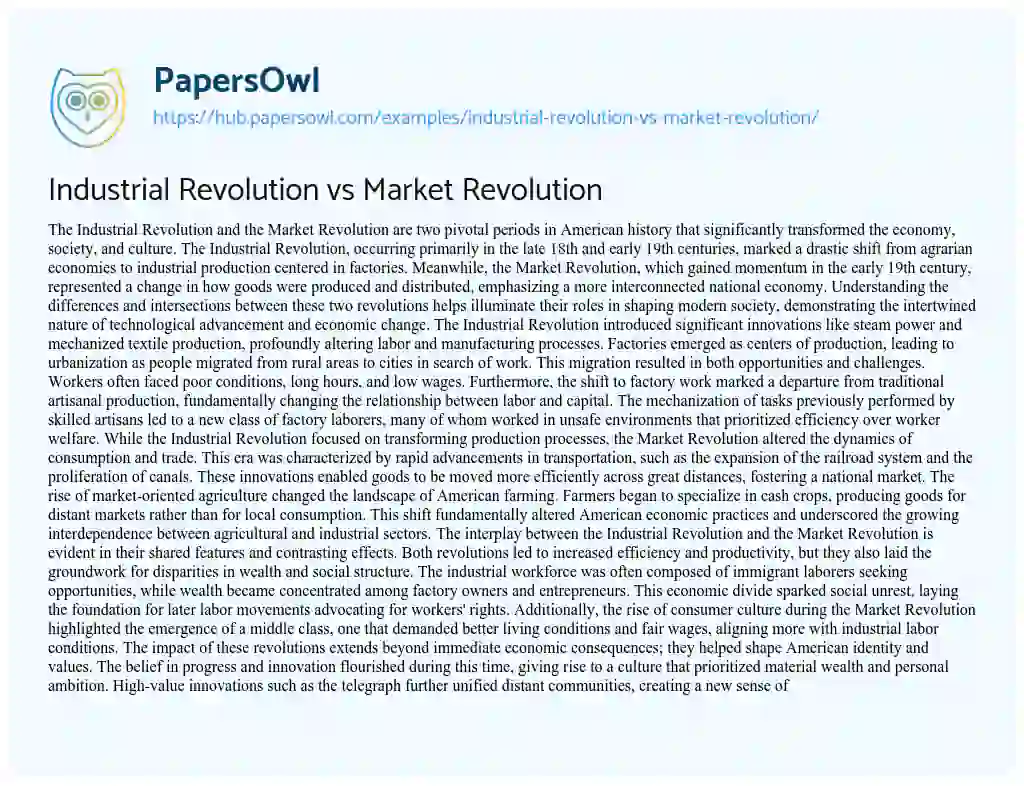 Essay on Industrial Revolution vs Market Revolution