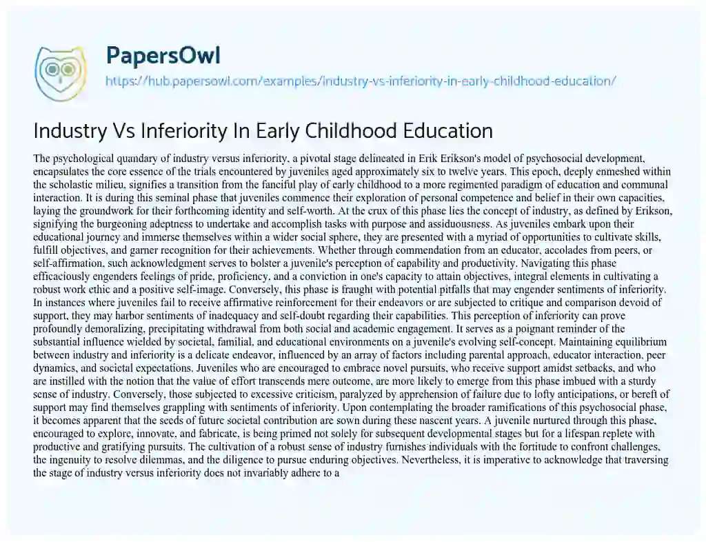 Essay on Industry Vs Inferiority In Early Childhood Education