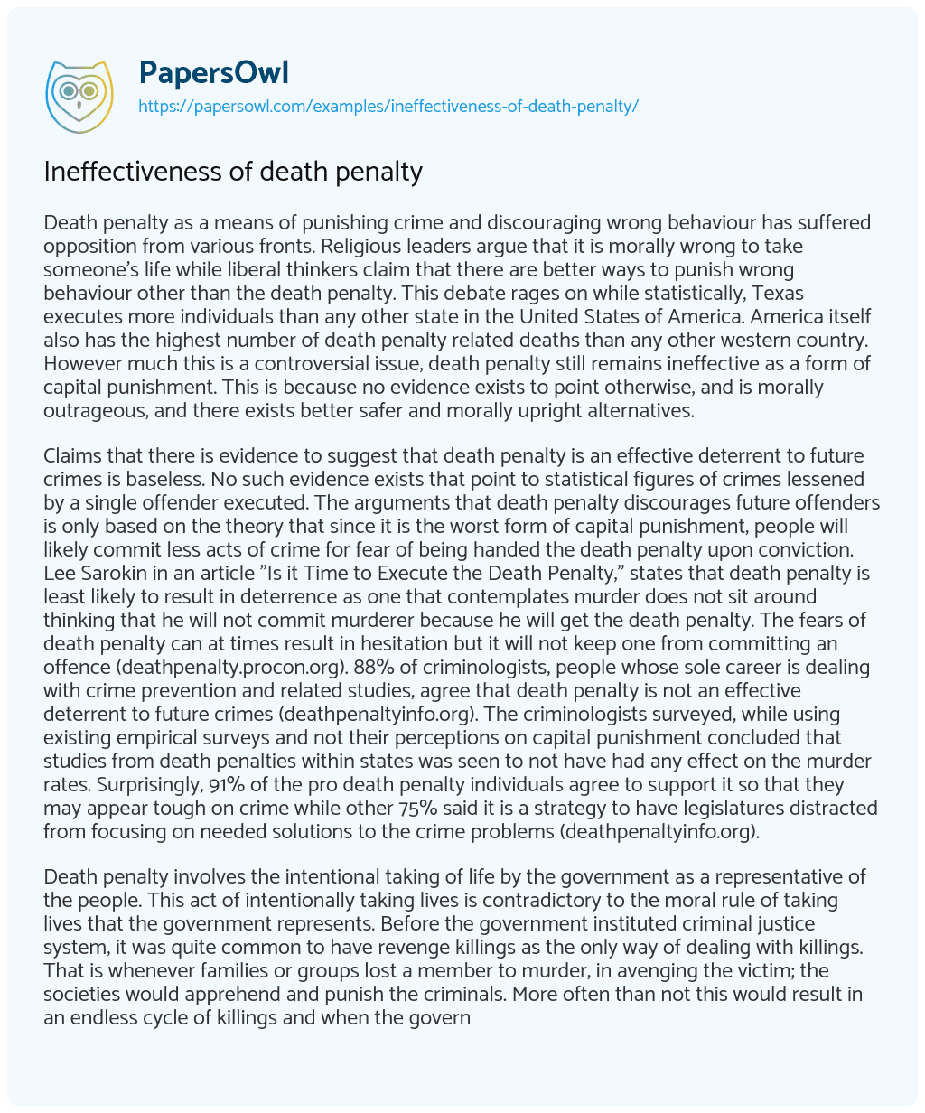 Essay on Ineffectiveness of death penalty