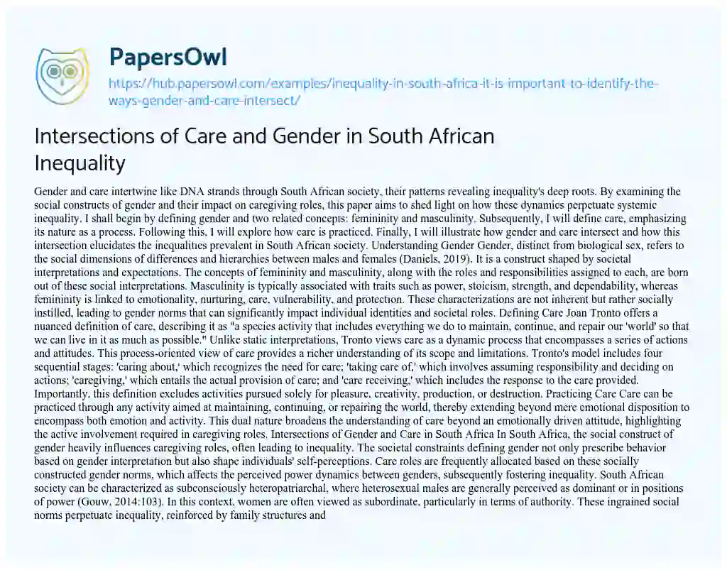Essay on Intersections of Care and Gender in South African Inequality
