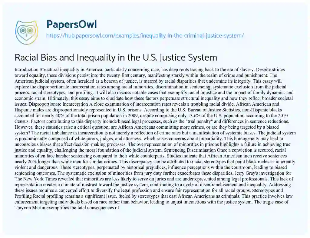 Essay on Racial Bias and Inequality in the U.S. Justice System