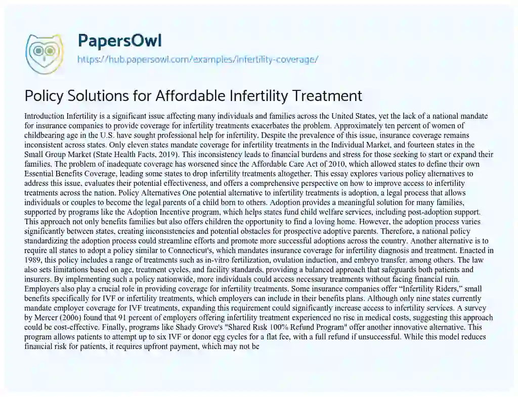 Essay on Policy Solutions for Affordable Infertility Treatment