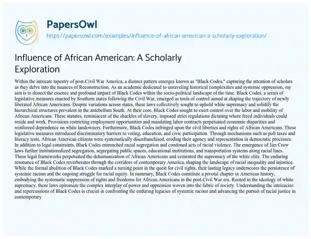 Essay on Influence of African American: A Scholarly Exploration