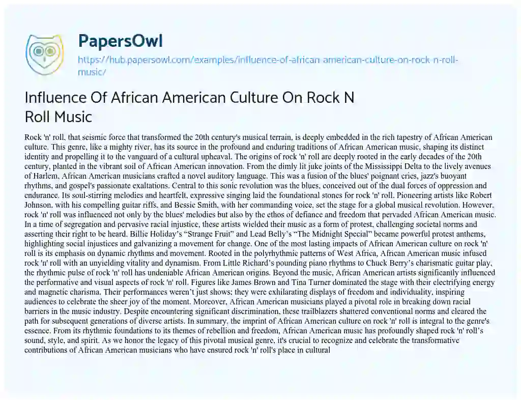 Essay on Influence Of African American Culture On Rock N Roll Music