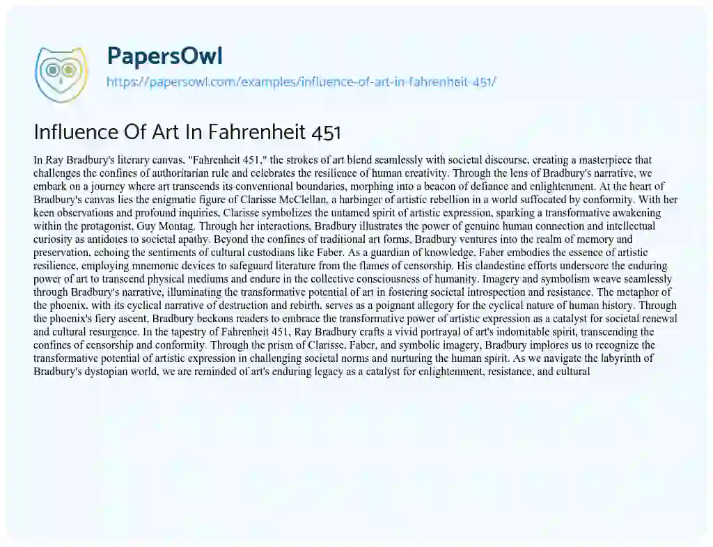Essay on Influence Of Art In Fahrenheit 451