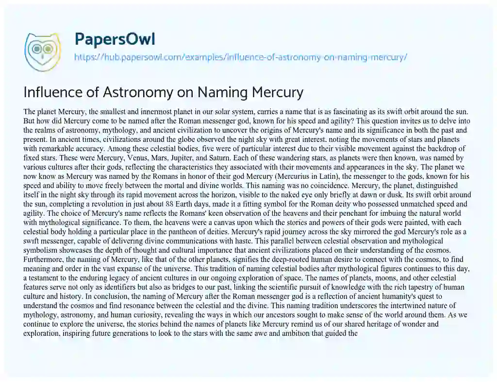 Essay on Influence of Astronomy on Naming Mercury