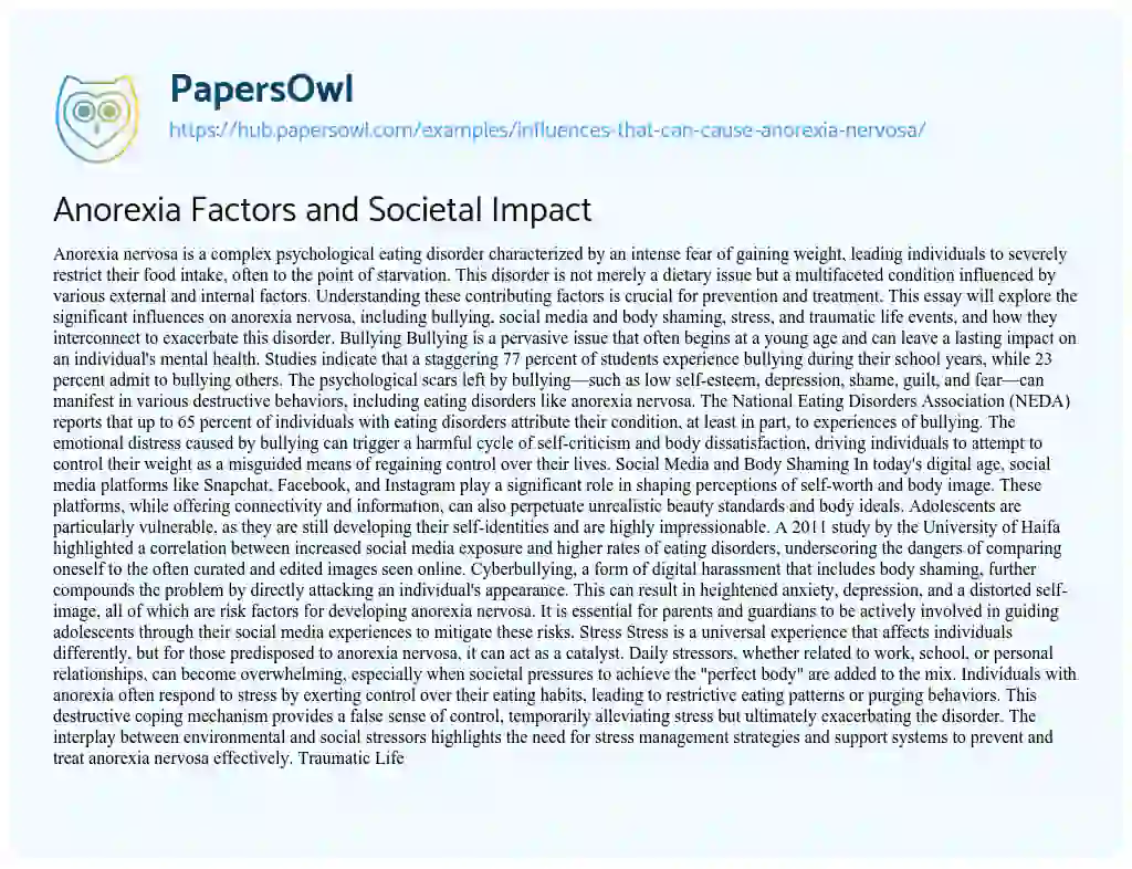 Essay on Anorexia Factors and Societal Impact